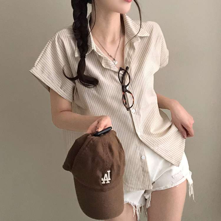엘 스트라이프 소매 롤업 루즈핏 카브라 반팔 셔츠 크림
