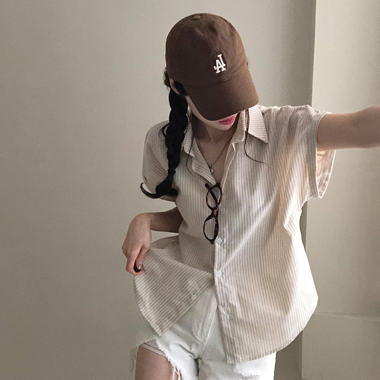 엘 스트라이프 소매 롤업 루즈핏 카브라 반팔 셔츠 크림