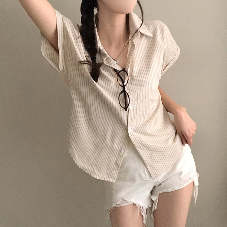 엘 스트라이프 소매 롤업 루즈핏 카브라 반팔 셔츠 크림