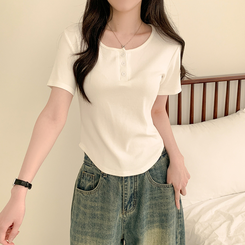 半袖Tシャツ ラウンドボタンセミクロップ半袖Tシャツ(7color) IVORY