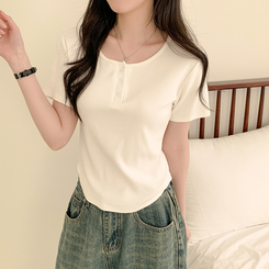 半袖Tシャツ ラウンドボタンセミクロップ半袖Tシャツ(7color) IVORY