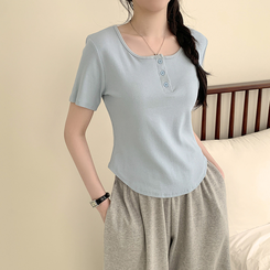 半袖Tシャツ ラウンドボタンセミクロップ半袖Tシャツ(7color) SKY BLUE