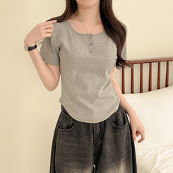 半袖Tシャツ ラウンドボタンセミクロップ半袖Tシャツ(7color) GREY