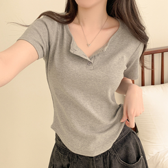半袖Tシャツ ラウンドボタンセミクロップ半袖Tシャツ(7color) GREY