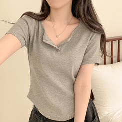 半袖Tシャツ ラウンドボタンセミクロップ半袖Tシャツ(7color) GREY