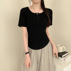 半袖Tシャツ ラウンドボタンセミクロップ半袖Tシャツ(7color) BLACK