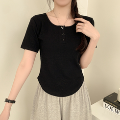 半袖Tシャツ ラウンドボタンセミクロップ半袖Tシャツ(7color) BLACK