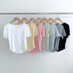 半袖Tシャツ ラウンドボタンセミクロップ半袖Tシャツ(7color)