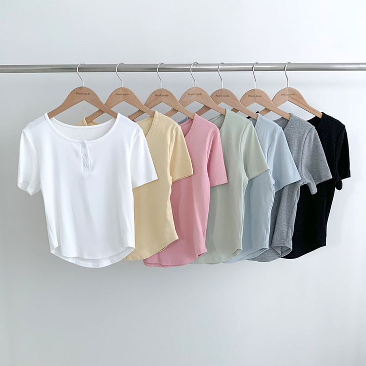 ラウンドボタンセミクロップ半袖Tシャツ(7color)