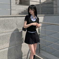 ニット レイヤードストライプボタン半袖ニットシャツ BLACK