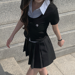 ニット レイヤードストライプボタン半袖ニットシャツ BLACK