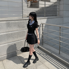 ニット レイヤードストライプボタン半袖ニットシャツ BLACK