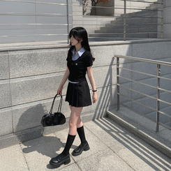 ニット レイヤードストライプボタン半袖ニットシャツ BLACK