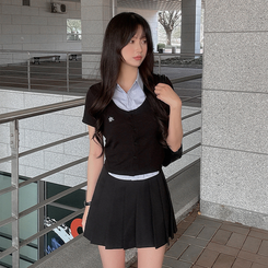 ニット レイヤードストライプボタン半袖ニットシャツ BLACK