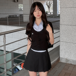 ニット レイヤードストライプボタン半袖ニットシャツ BLACK