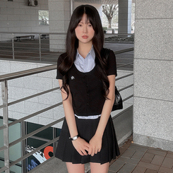 ニット レイヤードストライプボタン半袖ニットシャツ BLACK