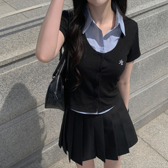 ニット レイヤードストライプボタン半袖ニットシャツ BLACK