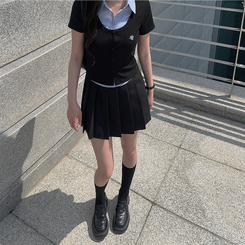 ニット レイヤードストライプボタン半袖ニットシャツ BLACK