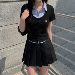 ニット レイヤードストライプボタン半袖ニットシャツ BLACK