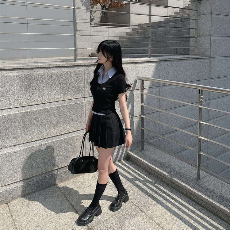 レイヤードストライプボタン半袖ニットシャツ BLACK