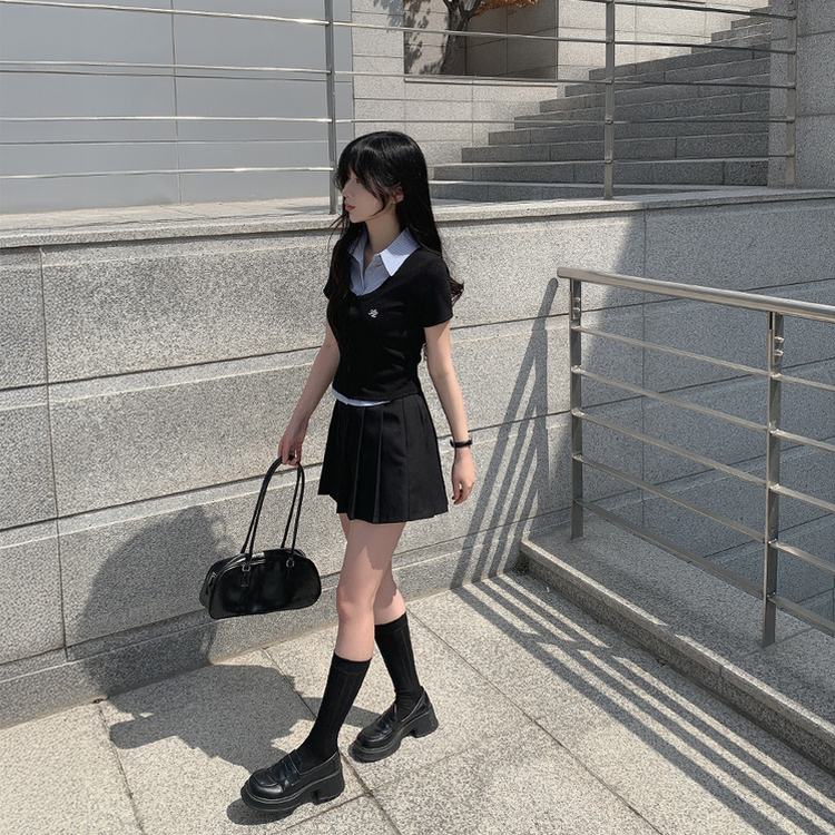 レイヤードストライプボタン半袖ニットシャツ BLACK