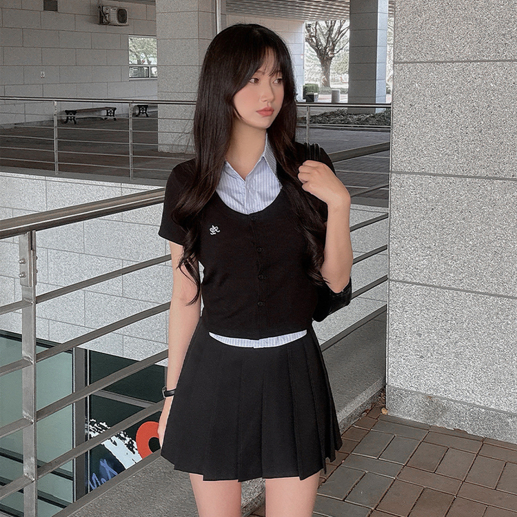 レイヤードストライプボタン半袖ニットシャツ BLACK