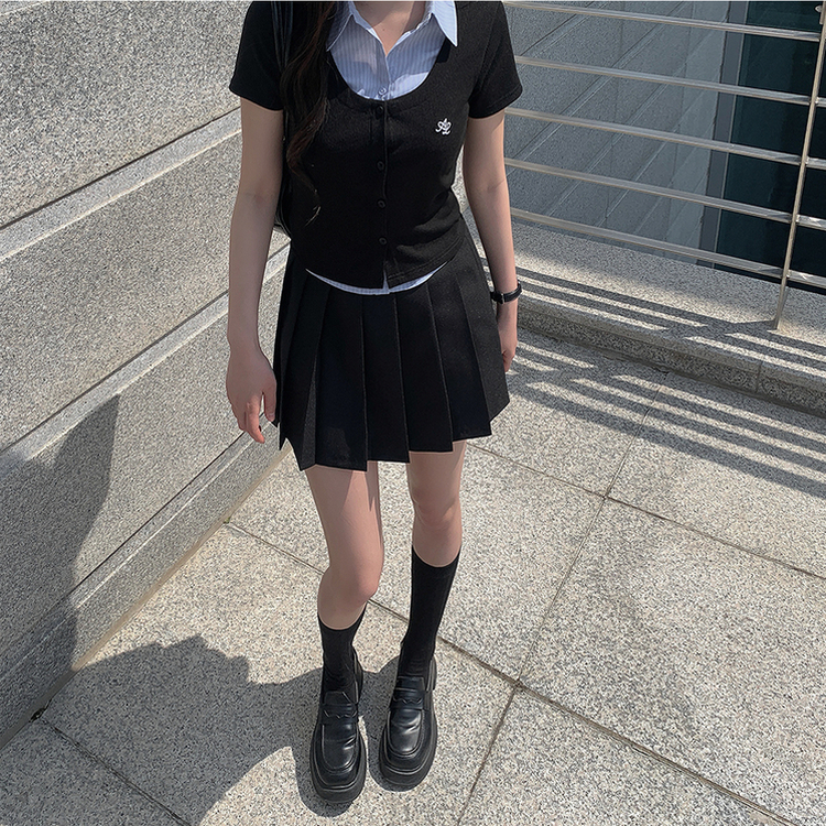 レイヤードストライプボタン半袖ニットシャツ BLACK