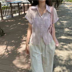 ストライプシースルーバイカラーシャツ PINK
