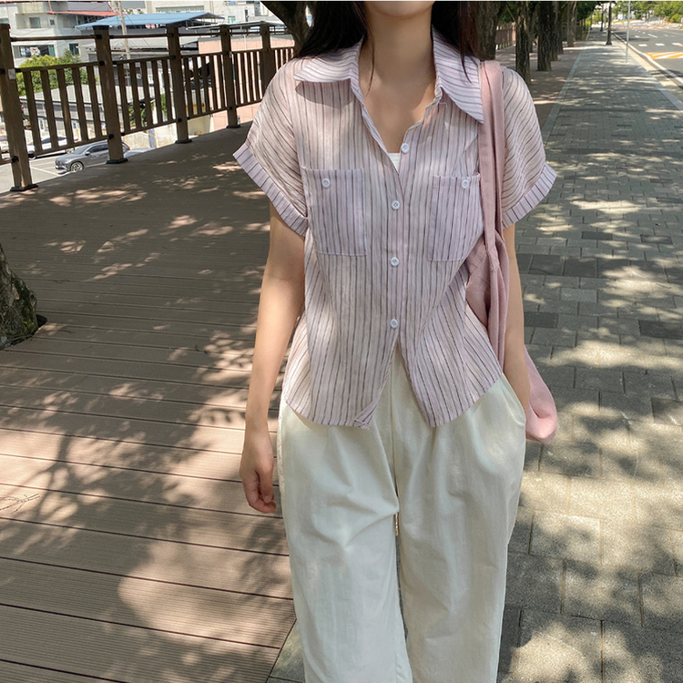 ストライプシースルーバイカラーシャツ PINK