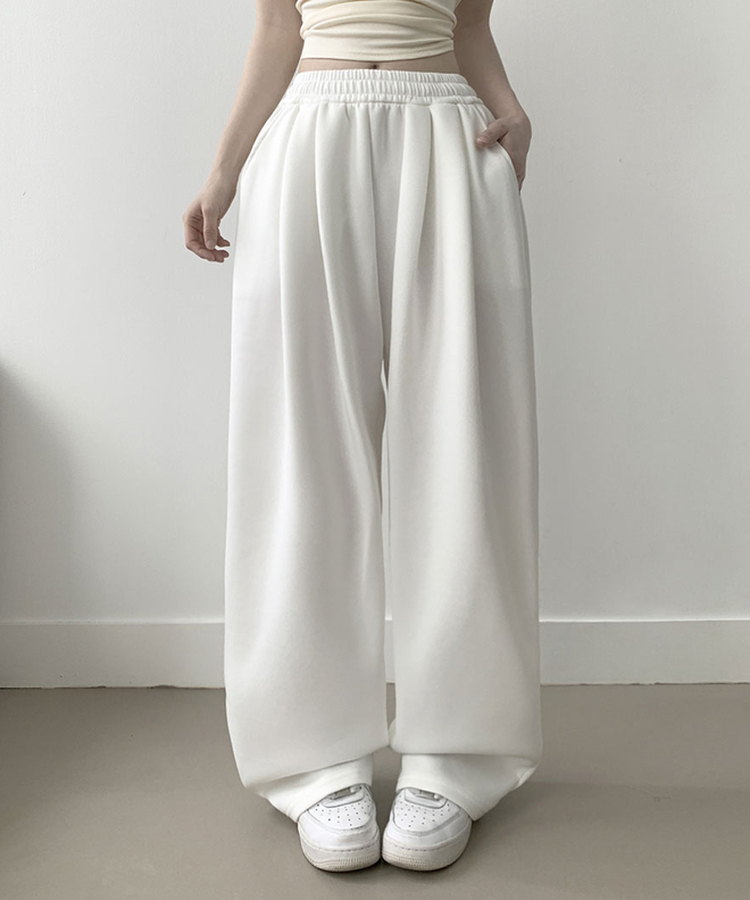 우모 남녀공용 하이웨스트 허리 밴딩 앞핀턱 사이드핀턱 롱 와이드팬츠 백색