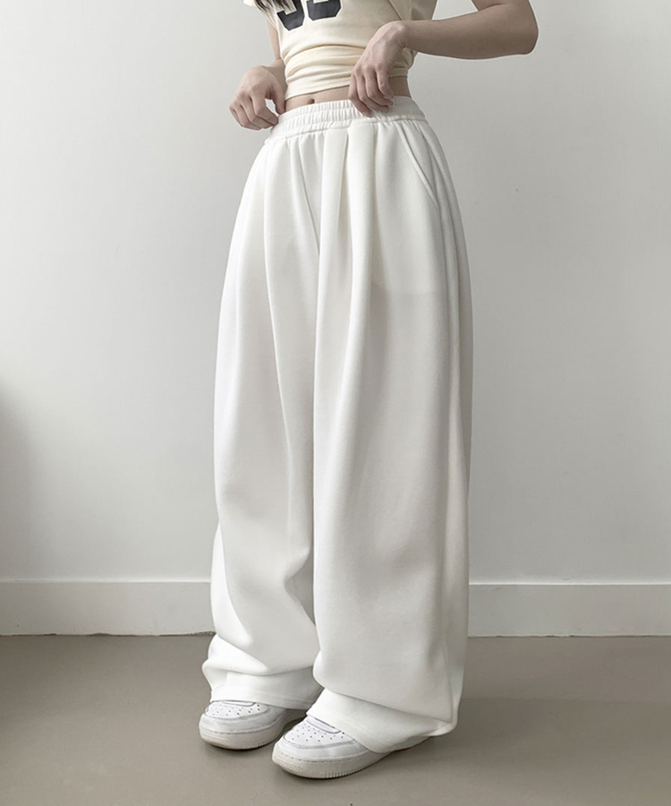 우모 남녀공용 하이웨스트 허리 밴딩 앞핀턱 사이드핀턱 롱 와이드팬츠 백색