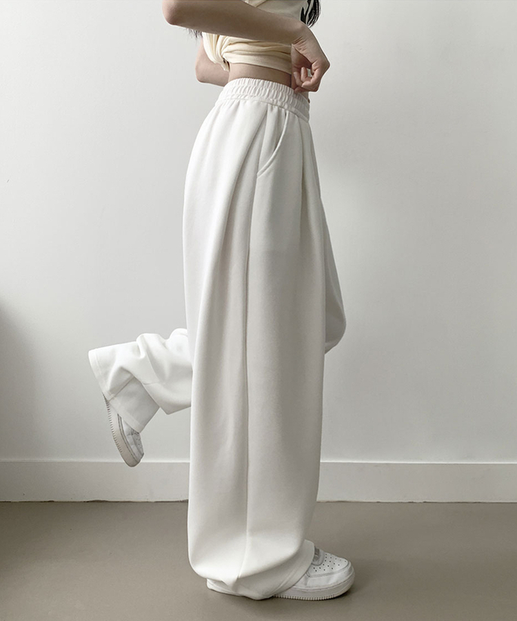 우모 남녀공용 하이웨스트 허리 밴딩 앞핀턱 사이드핀턱 롱 와이드팬츠 백색
