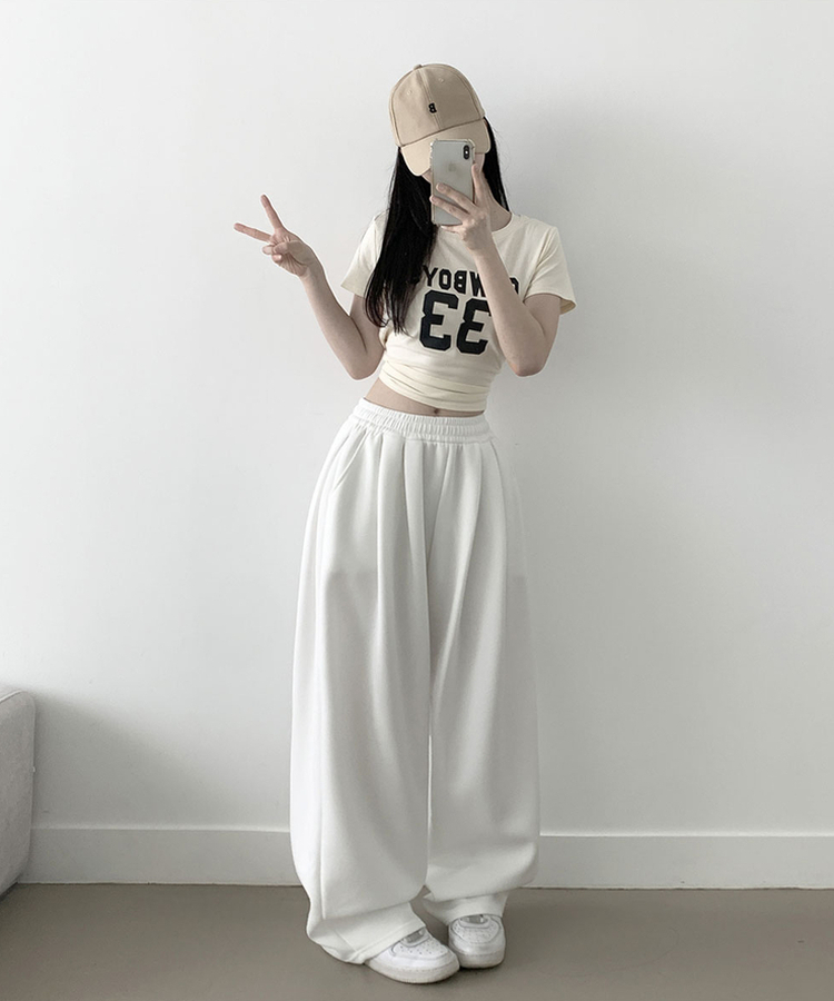 우모 남녀공용 하이웨스트 허리 밴딩 앞핀턱 사이드핀턱 롱 와이드팬츠 백색