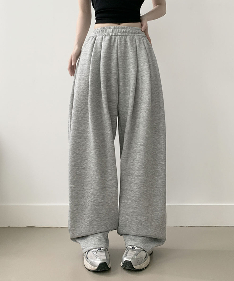우모 남녀공용 하이웨스트 허리 밴딩 앞핀턱 사이드핀턱 롱 와이드팬츠 회색