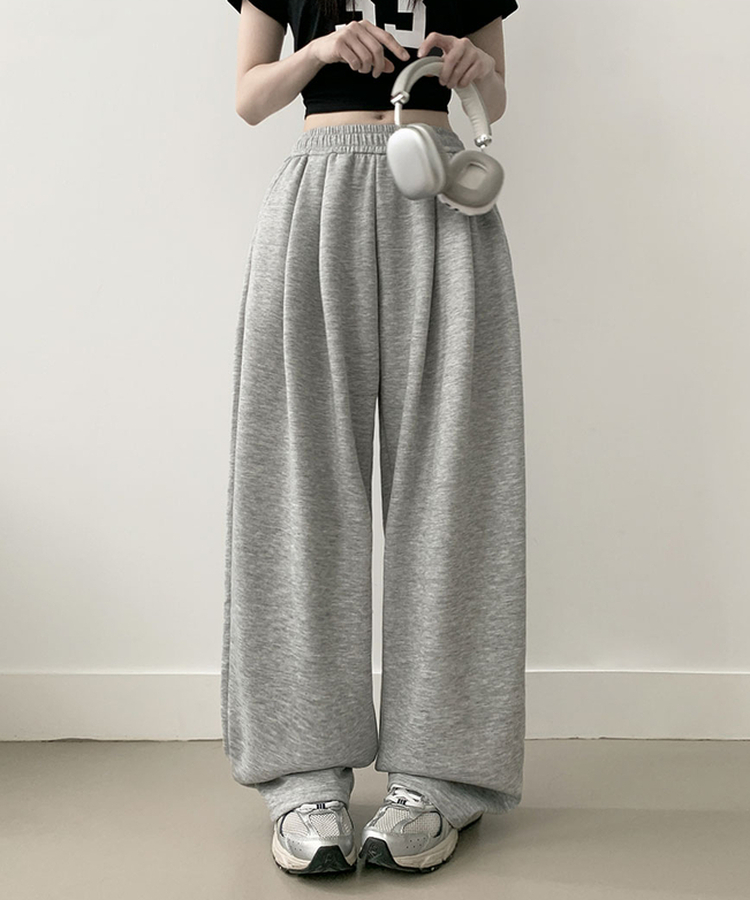 우모 남녀공용 하이웨스트 허리 밴딩 앞핀턱 사이드핀턱 롱 와이드팬츠 회색