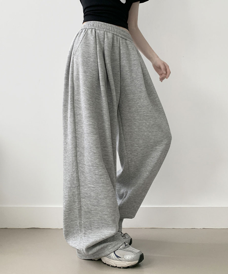 우모 남녀공용 하이웨스트 허리 밴딩 앞핀턱 사이드핀턱 롱 와이드팬츠 회색