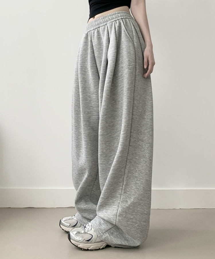 우모 남녀공용 하이웨스트 허리 밴딩 앞핀턱 사이드핀턱 롱 와이드팬츠 회색