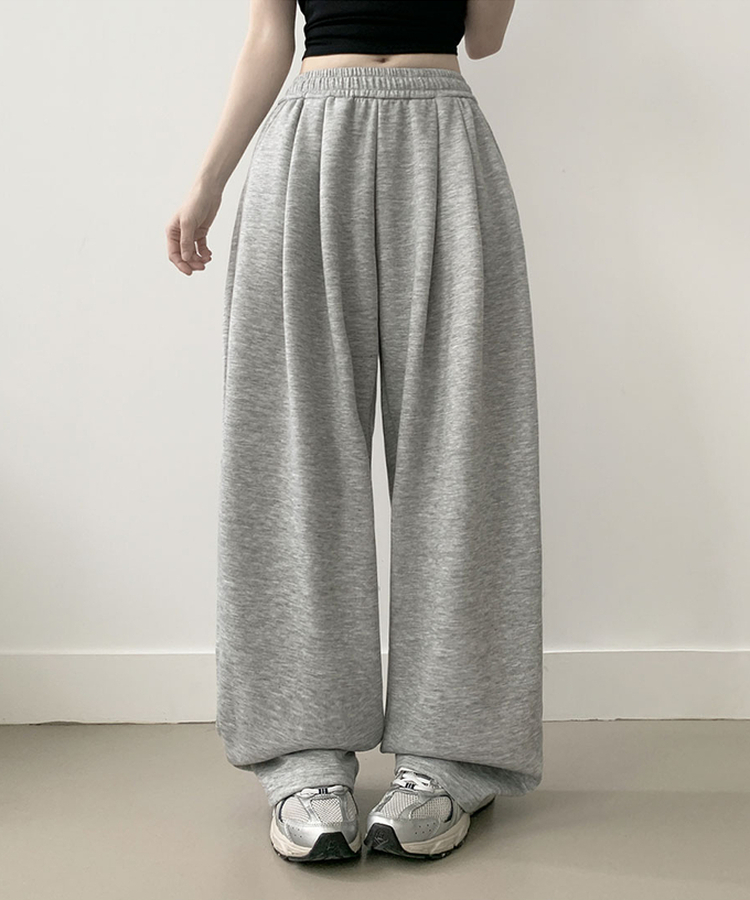 우모 남녀공용 하이웨스트 허리 밴딩 앞핀턱 사이드핀턱 롱 와이드팬츠 회색