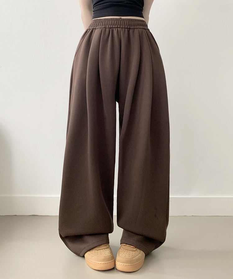 우모 남녀공용 하이웨스트 허리 밴딩 앞핀턱 사이드핀턱 롱 와이드팬츠 밤색