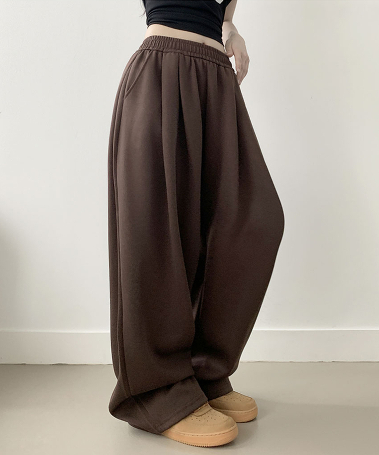 우모 남녀공용 하이웨스트 허리 밴딩 앞핀턱 사이드핀턱 롱 와이드팬츠 밤색