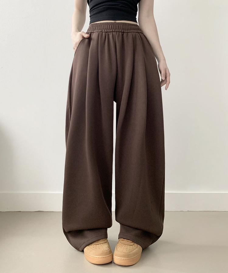 우모 남녀공용 하이웨스트 허리 밴딩 앞핀턱 사이드핀턱 롱 와이드팬츠 밤색