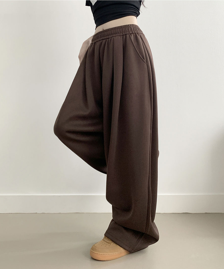우모 남녀공용 하이웨스트 허리 밴딩 앞핀턱 사이드핀턱 롱 와이드팬츠 밤색