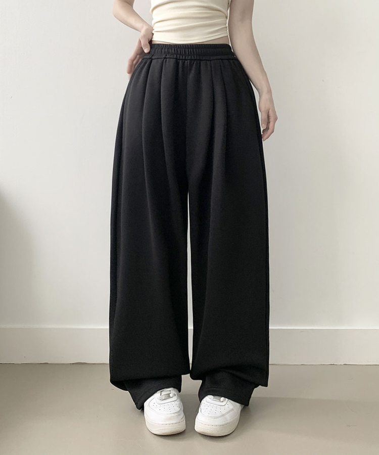 우모 남녀공용 하이웨스트 허리 밴딩 앞핀턱 사이드핀턱 롱 와이드팬츠 검정