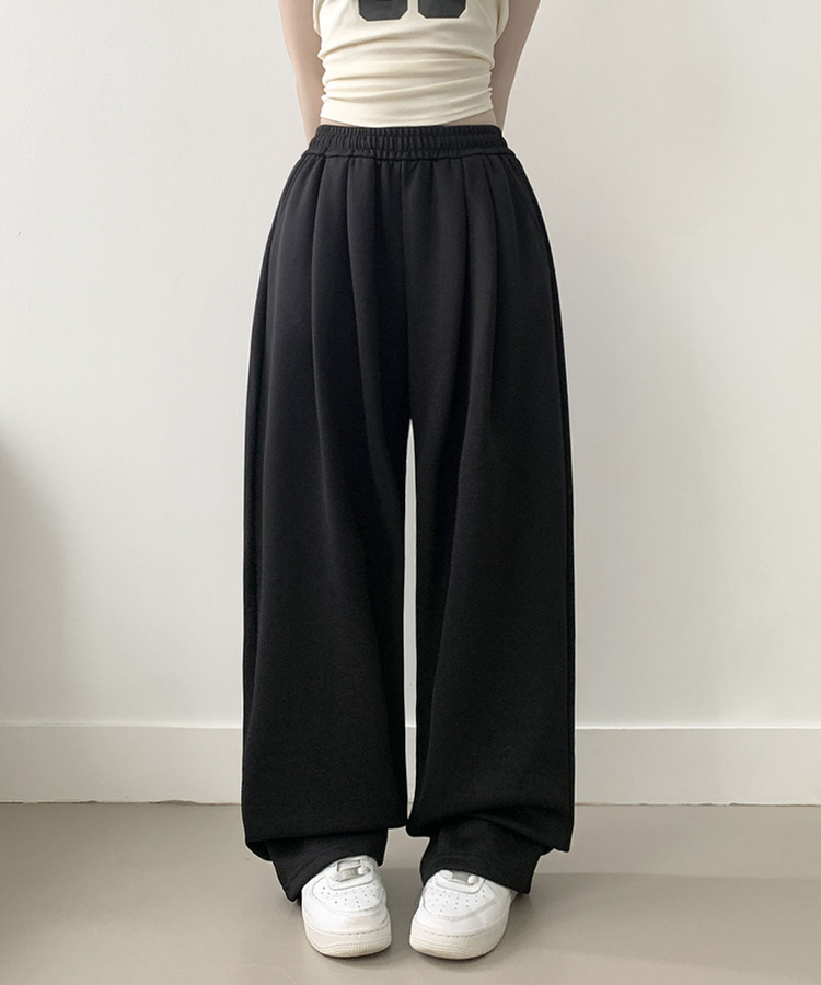 우모 남녀공용 하이웨스트 허리 밴딩 앞핀턱 사이드핀턱 롱 와이드팬츠 검정