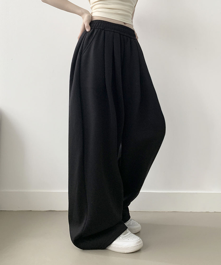 우모 남녀공용 하이웨스트 허리 밴딩 앞핀턱 사이드핀턱 롱 와이드팬츠 검정
