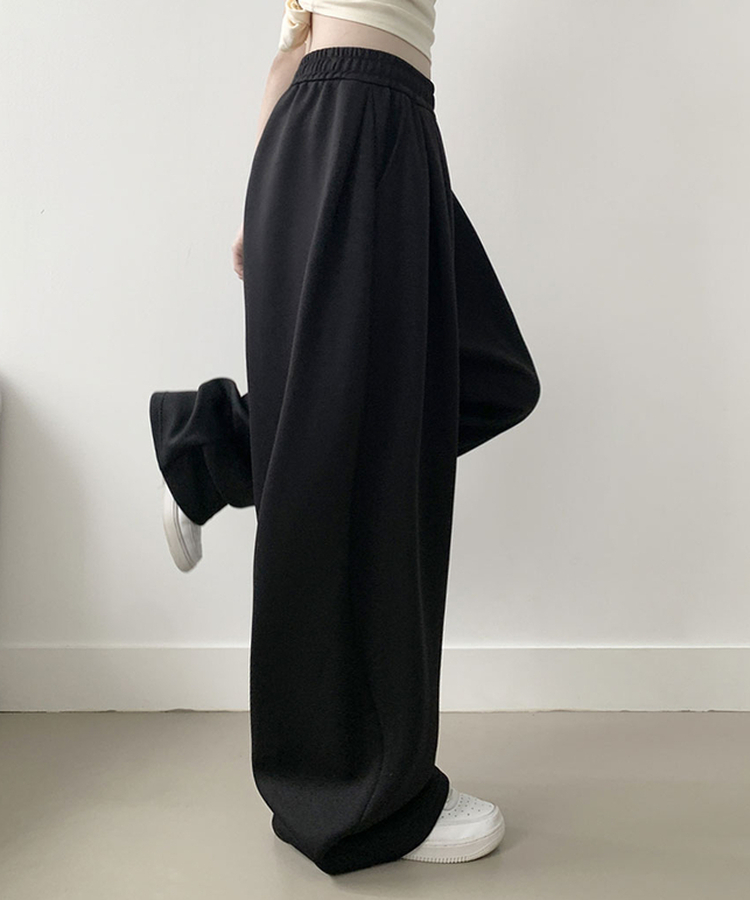 우모 남녀공용 하이웨스트 허리 밴딩 앞핀턱 사이드핀턱 롱 와이드팬츠 검정