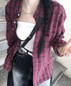 シャツ オーバーフィットチェックシャツ BURGUNDY