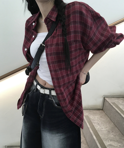 シャツ オーバーフィットチェックシャツ BURGUNDY
