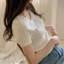 ニット ベニー ケーブル編み サイドシャーリング サマー 半袖ニット IVORY