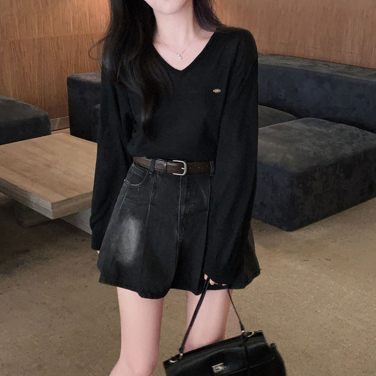 살탐방지로 딱린넨 루즈핏 브이넥 팬던트 썸머 니트 블랙